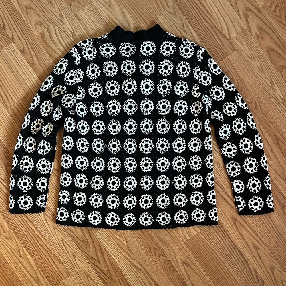 Mod Vintage Handmade Crochet Cardigan Sweater, Black and White - Picture 4 of 7